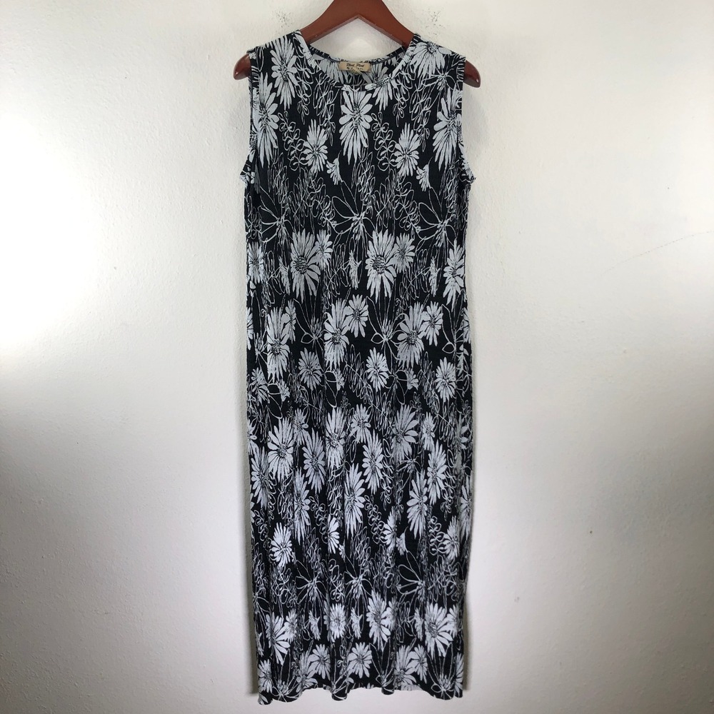 Y2K Vintage Womens Floral Maxi Crinkle Dress Black White Textured Sleeveless XL